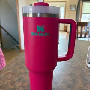 Stanley Hot Pink Travel Tumbler with Teal Logo and Handle
